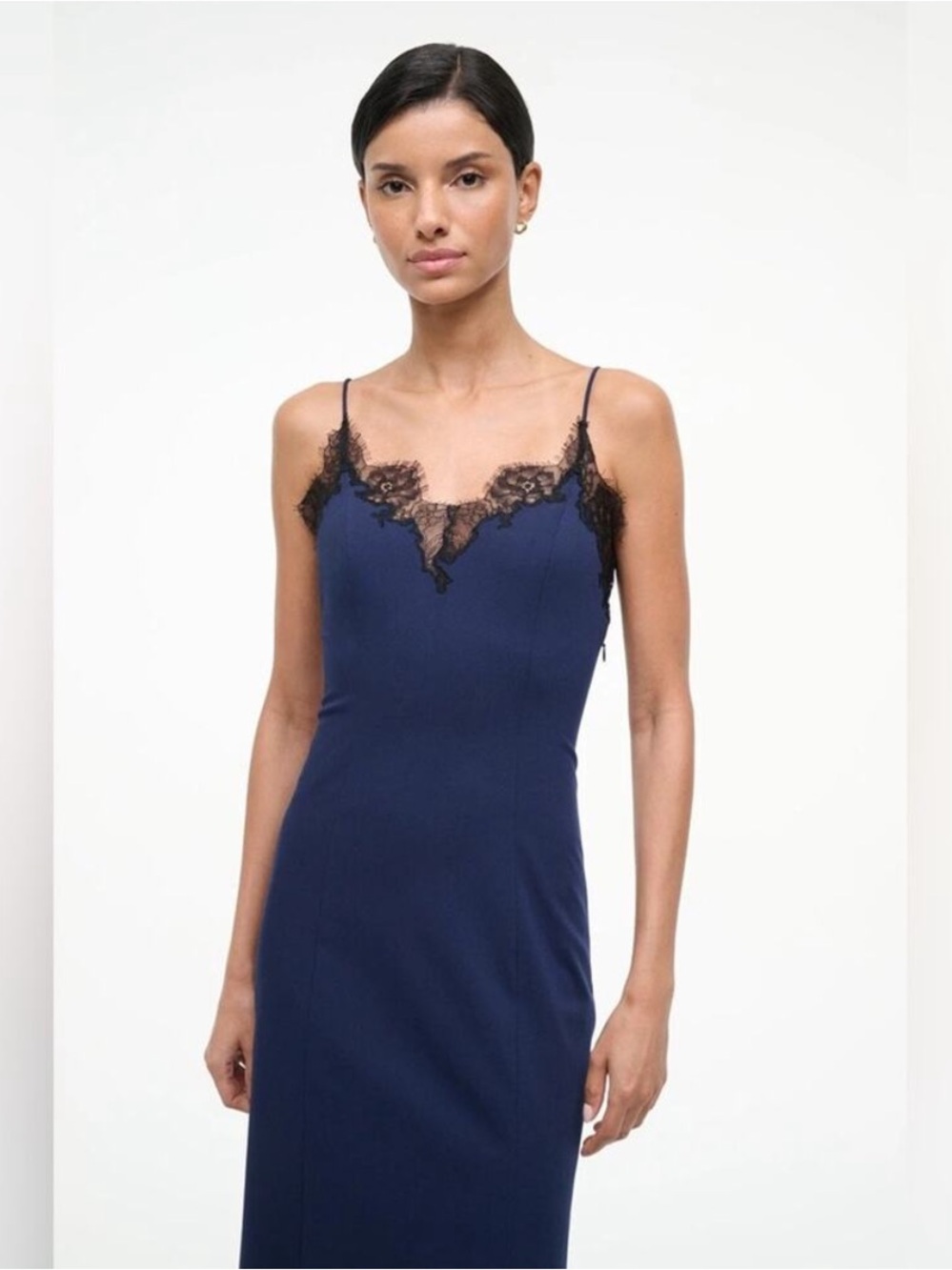 Staud Nadia Lace Trim Midi Dress in Navy S - Picture 3 of 10
